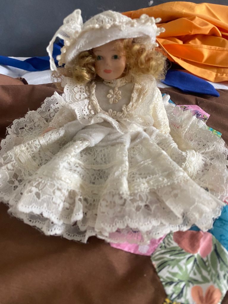 Victorian Style Porcelain Doll with Lace Dress and Hat