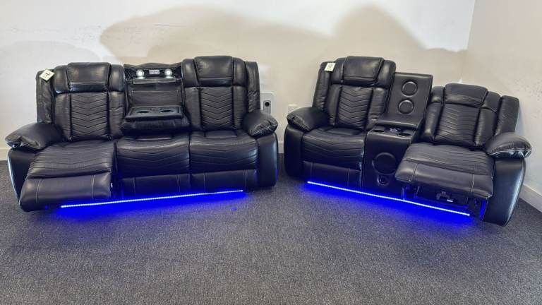Black Leather Recliner Sofas with LED Lighting – Good Condition