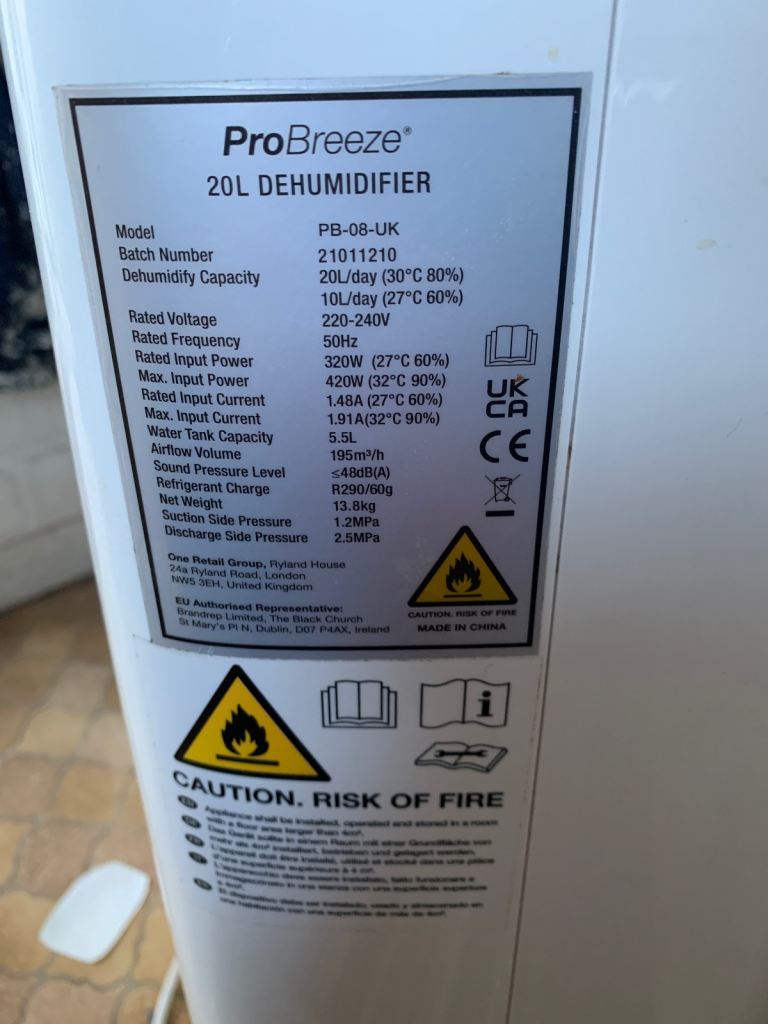 ProBreeze 20L Dehumidifier PB-08-UK – White, Good Condition