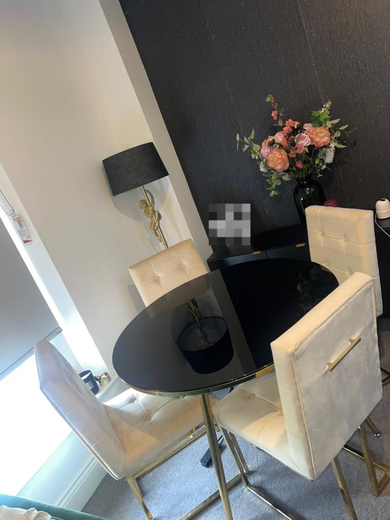 Stylish Black Glass Dining Table with 4 Cream Velvet Chairs