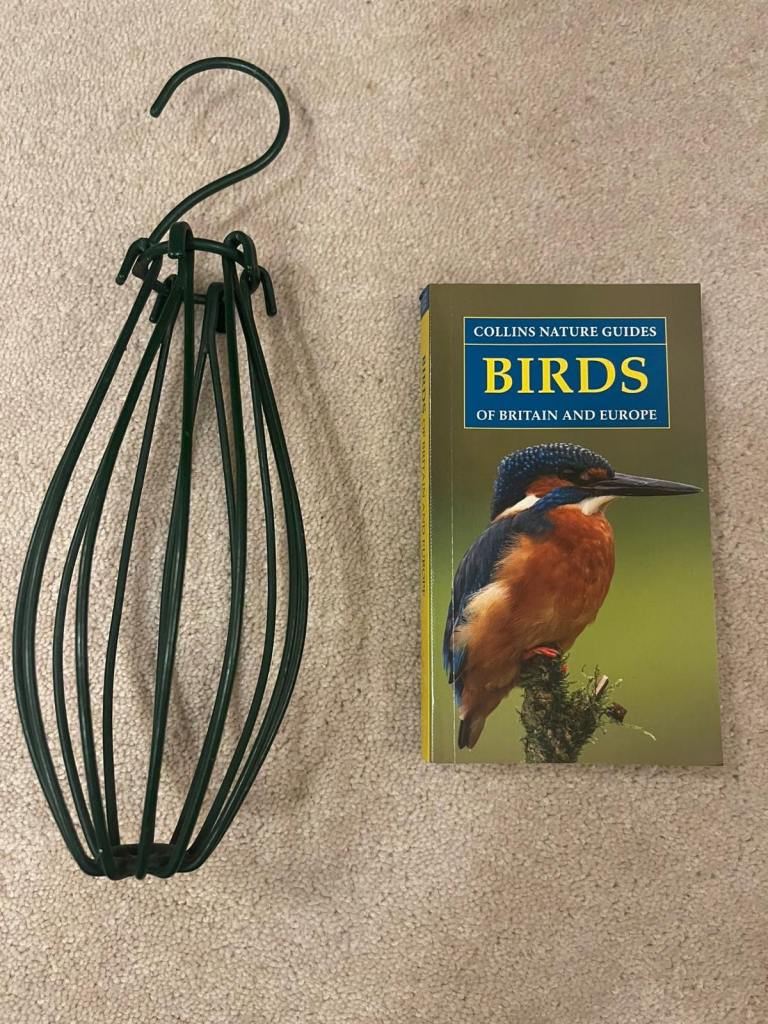 Hanging bird suet fat ball feeder and book: Birds of Britain and Europe