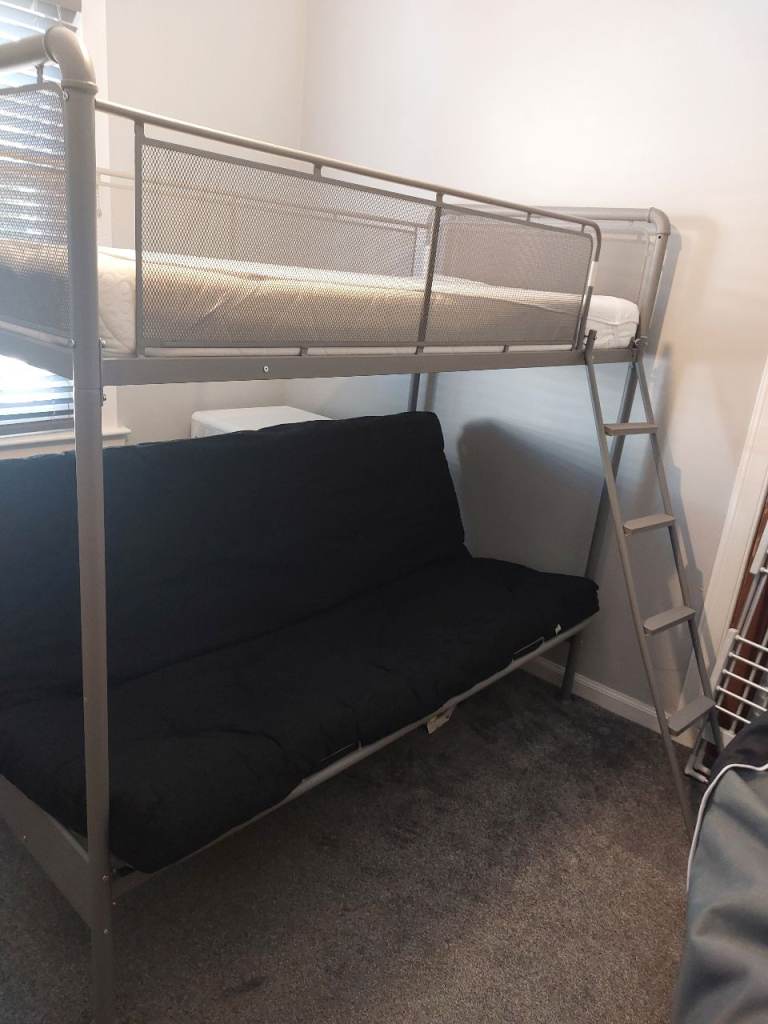 Metal Bunk Bed with Futon Sofa – Grey, Good Condition