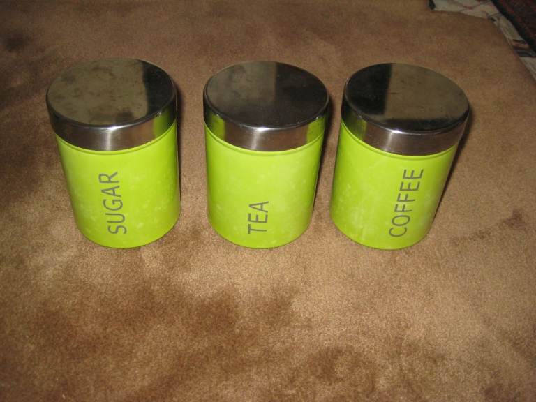 Set of Green Airtight Coffee, Tea and Sugar Enamel Storage Tins for £3.00