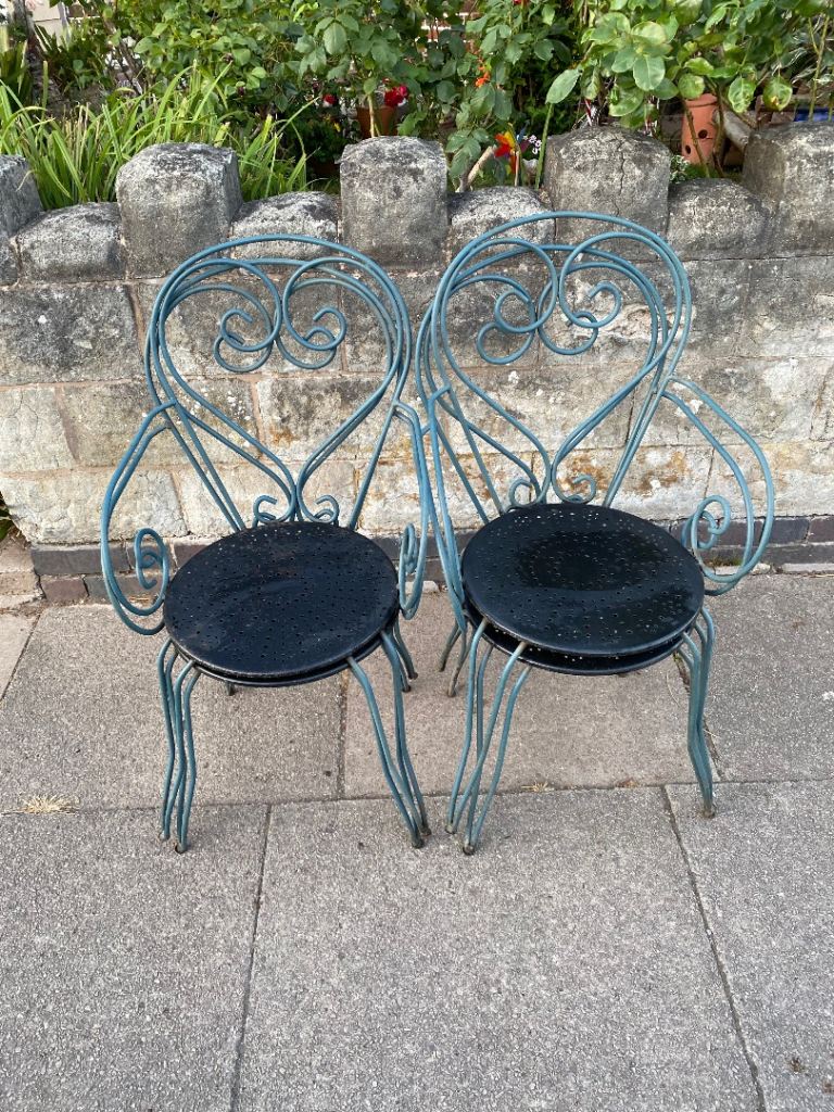 Set of 4 Ornate Green Metal Garden Chairs