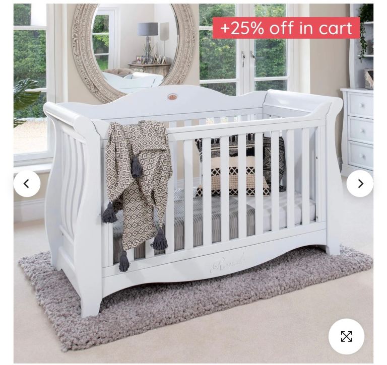 White boori sleigh cot and draw set 