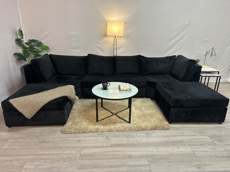 #225 Black U Shape Velvet Sofa - Excellent Condition – Delivery Available