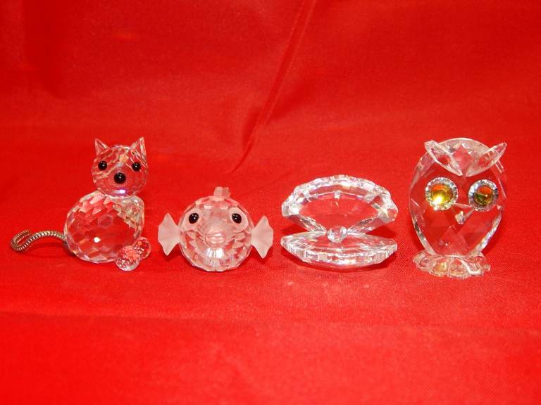 4X Swarovski Crystal Miniatures Animals Owl Cat Fish Shell