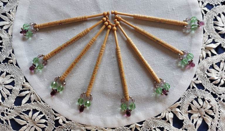 4 Pairs Winslow Midland English Lace Making Bobbins. Nursery Rhythm Inscribed.
