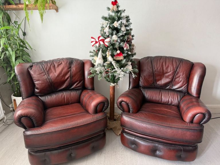 Pair Saxon Kendal Chesterfield Style Leather Vintage Armchairs