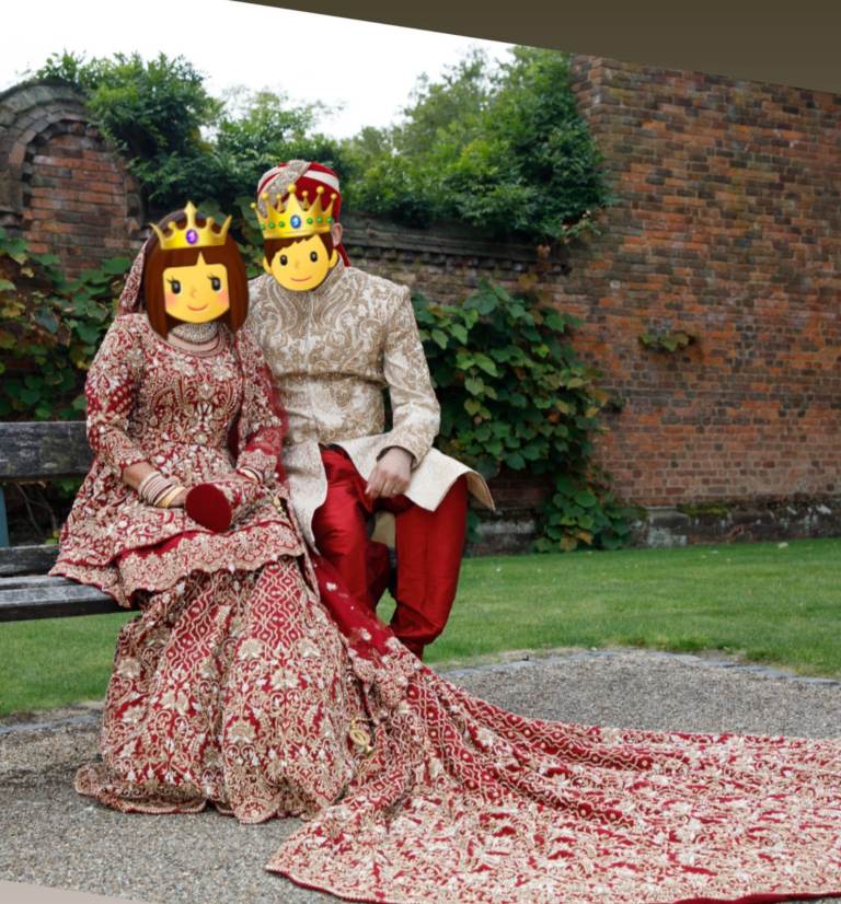 Matching Asian bride and groom lengha dress and sharvani suit