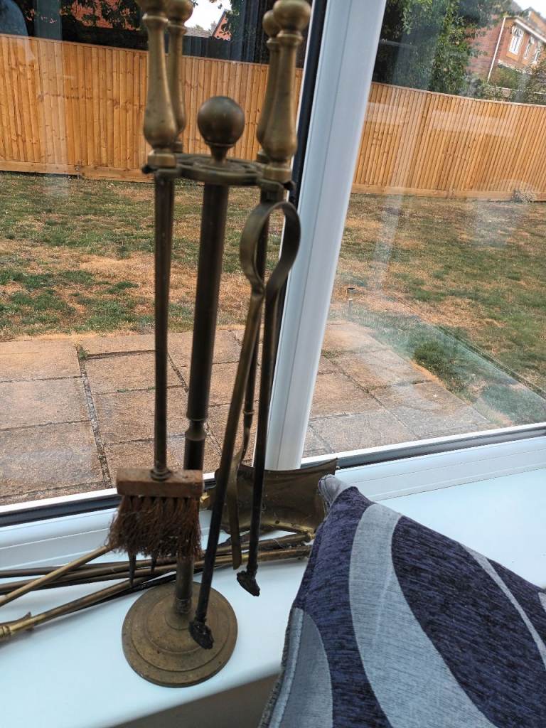 Vintage Brass Fireplace Tools Set with Stand