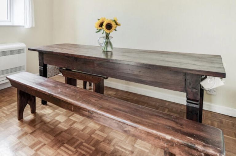 Reclaimed wood dining table and benches 