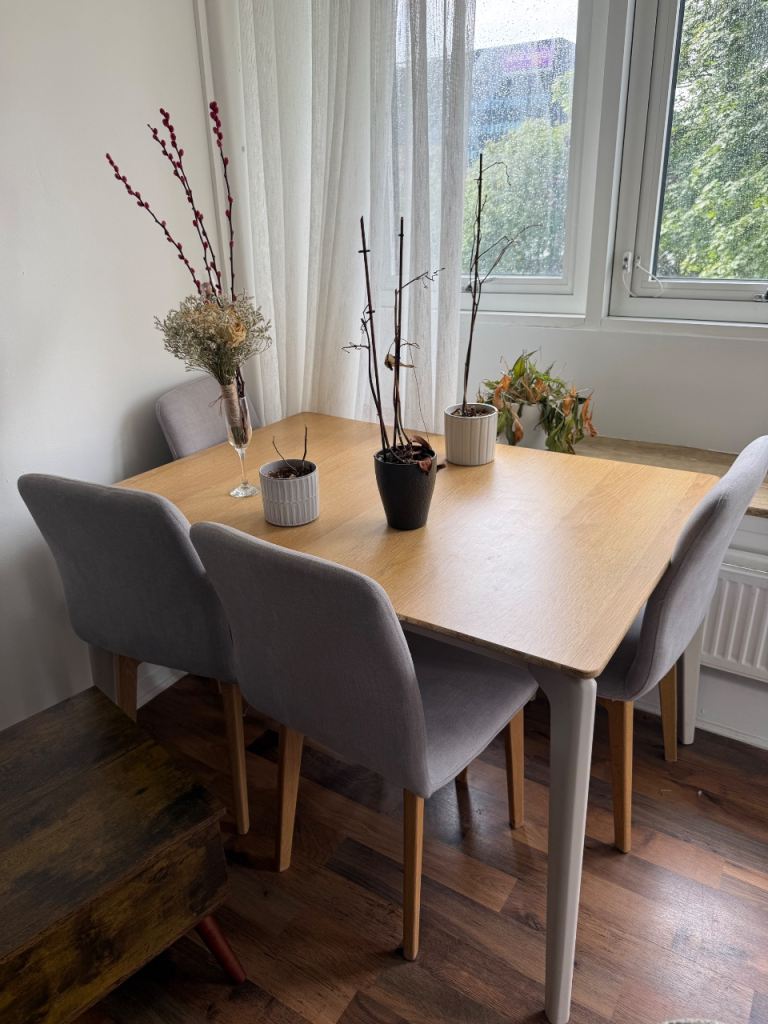 Wooden Dining Table with 4 Grey Chairs – Good Condition