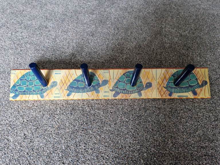 Turtle Design Wooden Coat Rack with Four Pegs