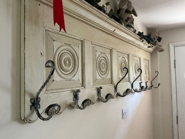 Cream Wall Mounted Coat Rack with Wrought Iron Hooks