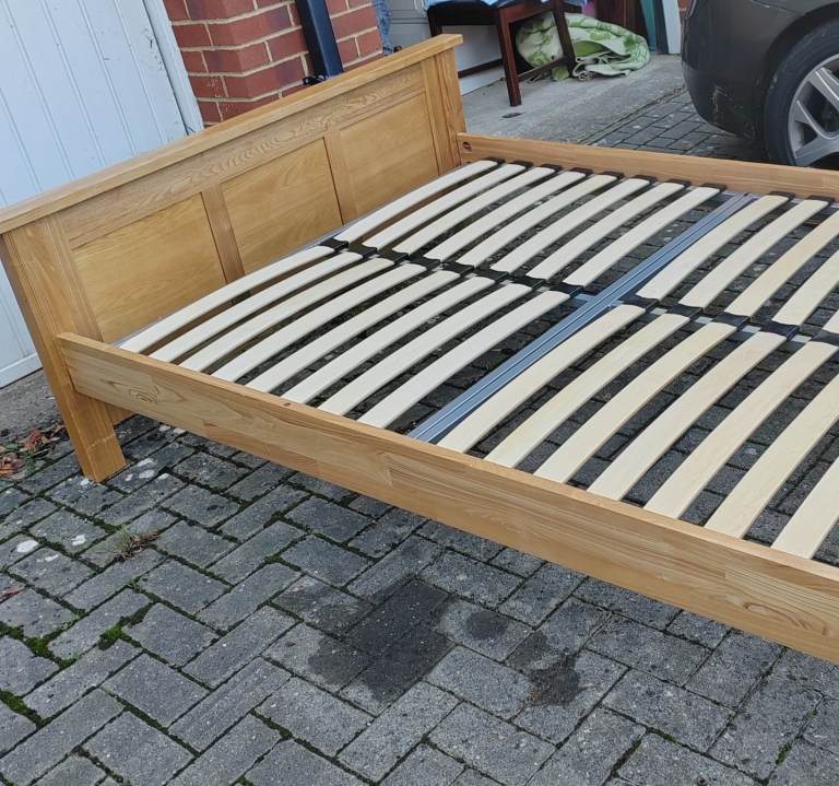 Solid oak double bed frame with mattress 