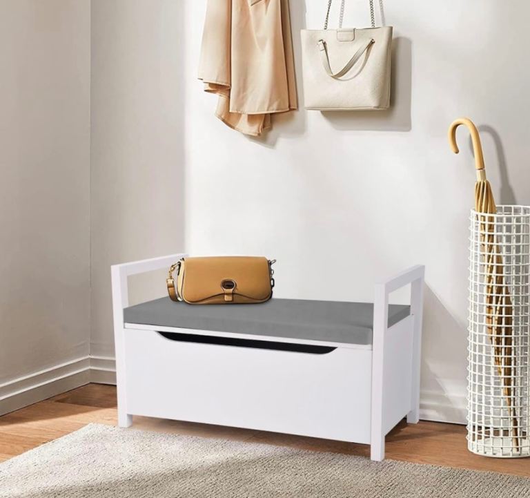 Storage Bench with Cushion in White. Soft close hinge. New in box.