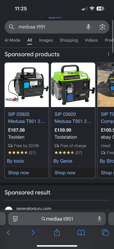 Petrol generator to 240v. Medusa t951.