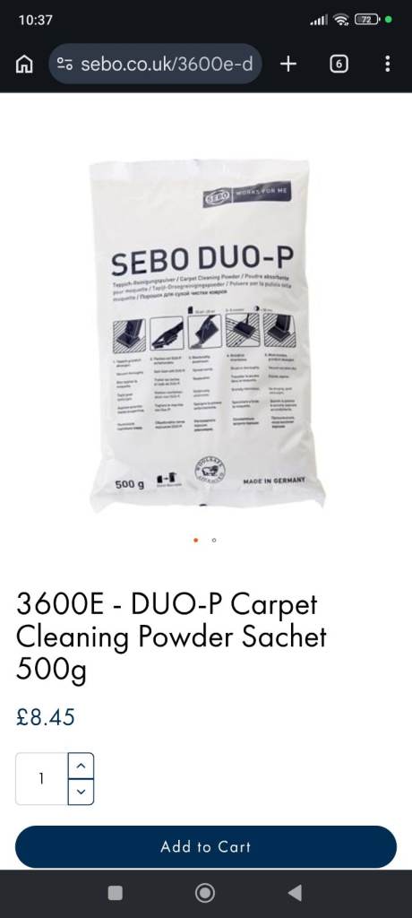 New SEBO DUO-P Carpet Cleaning Powder 500g Sachets