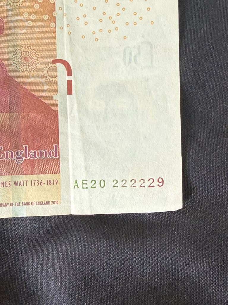 Bank of England £50 Note with AE20 222229 Special Serial Number