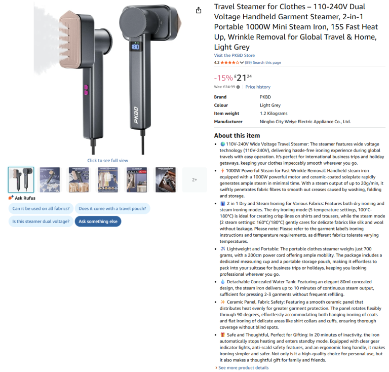 Travel Steamer for Clothes (Dual Voltage) - New/Unused