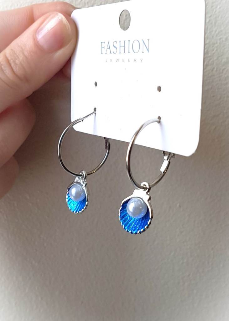 Small silver and blue seashell charm hoop earrings