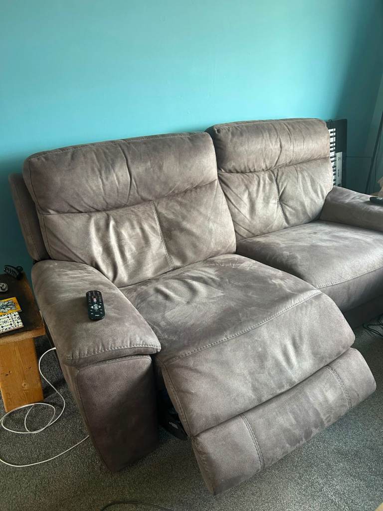 2 x 2 seater grey fabric recliner sofa 