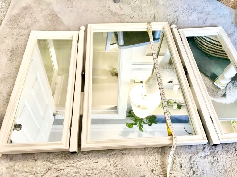 White triple adjustable dressing table mirror, stand alone, tilting action 