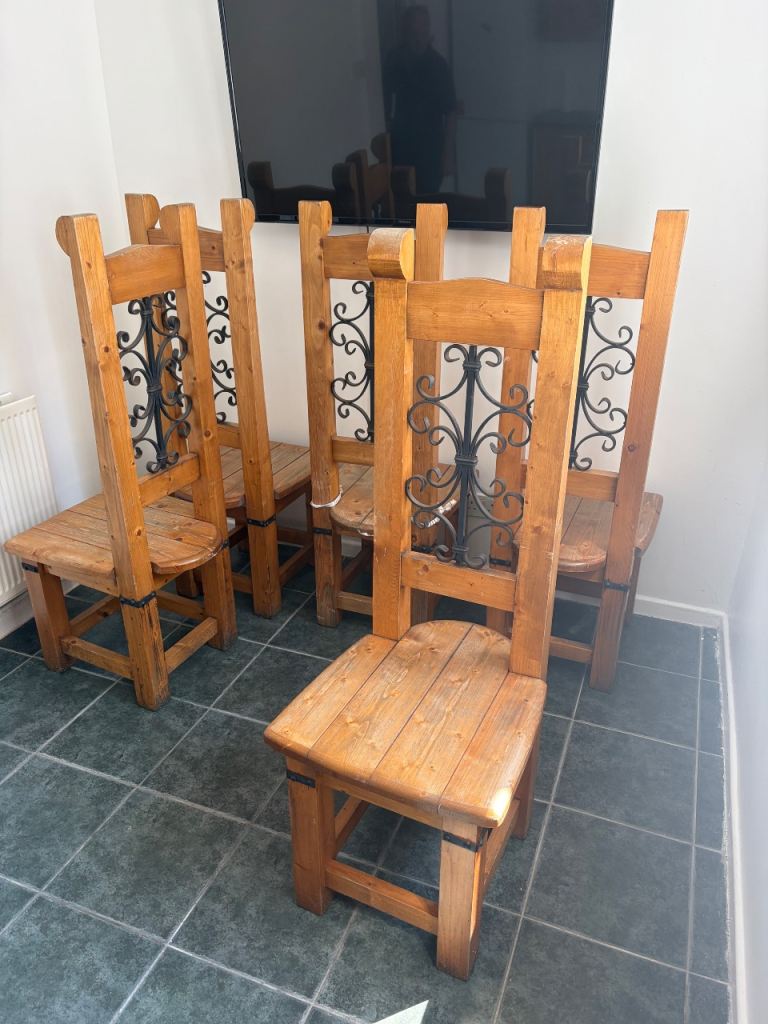 Set of 5 Solid Wood Dining Chairs with Ironwork Detail