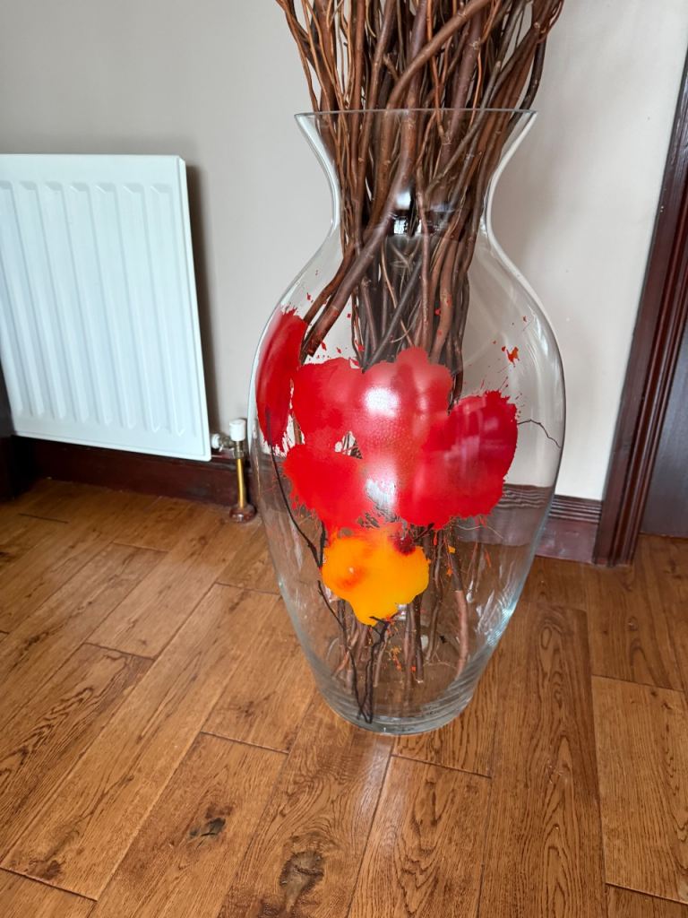 Large glass painted plantar with Willow twigs