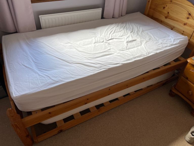 Wooden Single Bed Frame with Guest Bed Pull Out (mattresses included)  - Good Condition