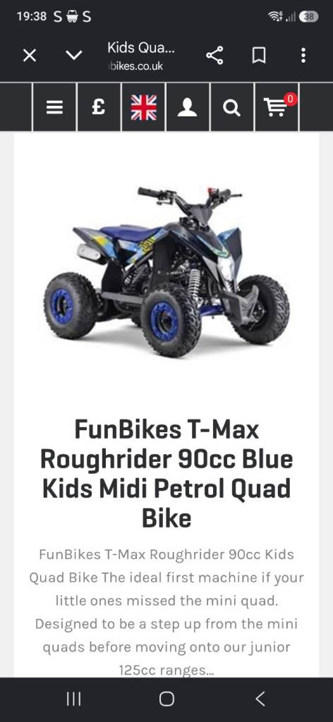 FunBikes T-Max Roughrider 90cc Blue Kids Midi Petrol Quad Bike