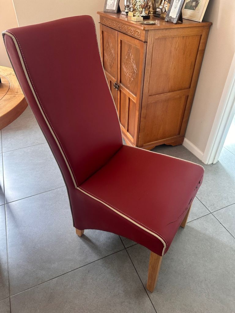Set of 6 Red Faux Leather Dining Chairs with Light Wooden Legs