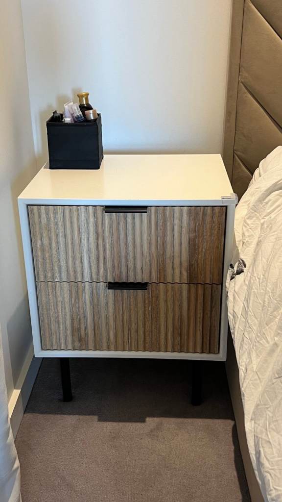 West Elm Modern White and Wood Bedside Table with Two Drawers