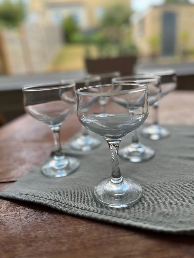Set of 7 Clear Glass Coupe Glasses – Good Condition