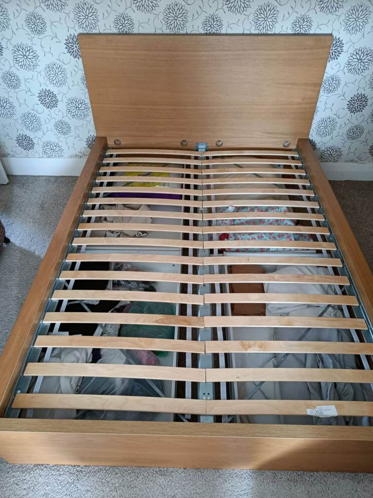 Brown IKEA Wood Double Bed Frame with Slats – Good Condition