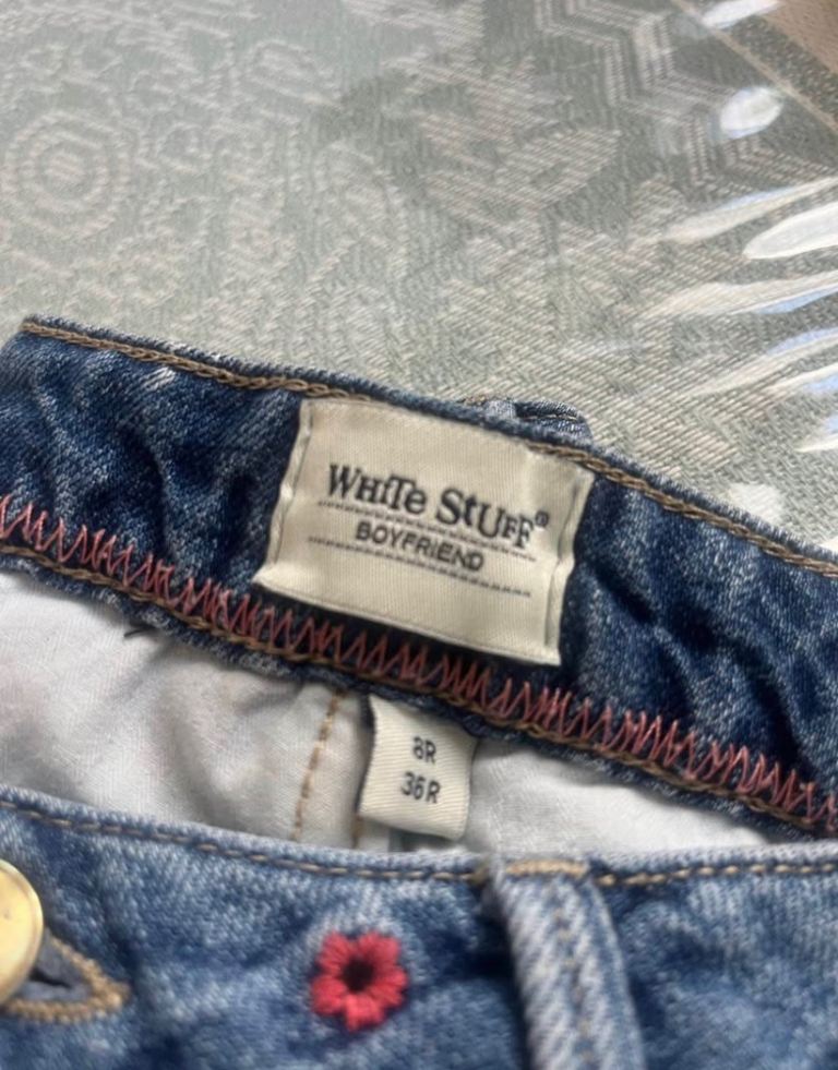 White Stuff 'Boyfriend' Blue Denim Jeans - Size 8R, Embroidered