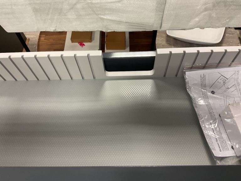 Tavistock forum 900 wall hung vanity, white counter, basin, mixer & waste 