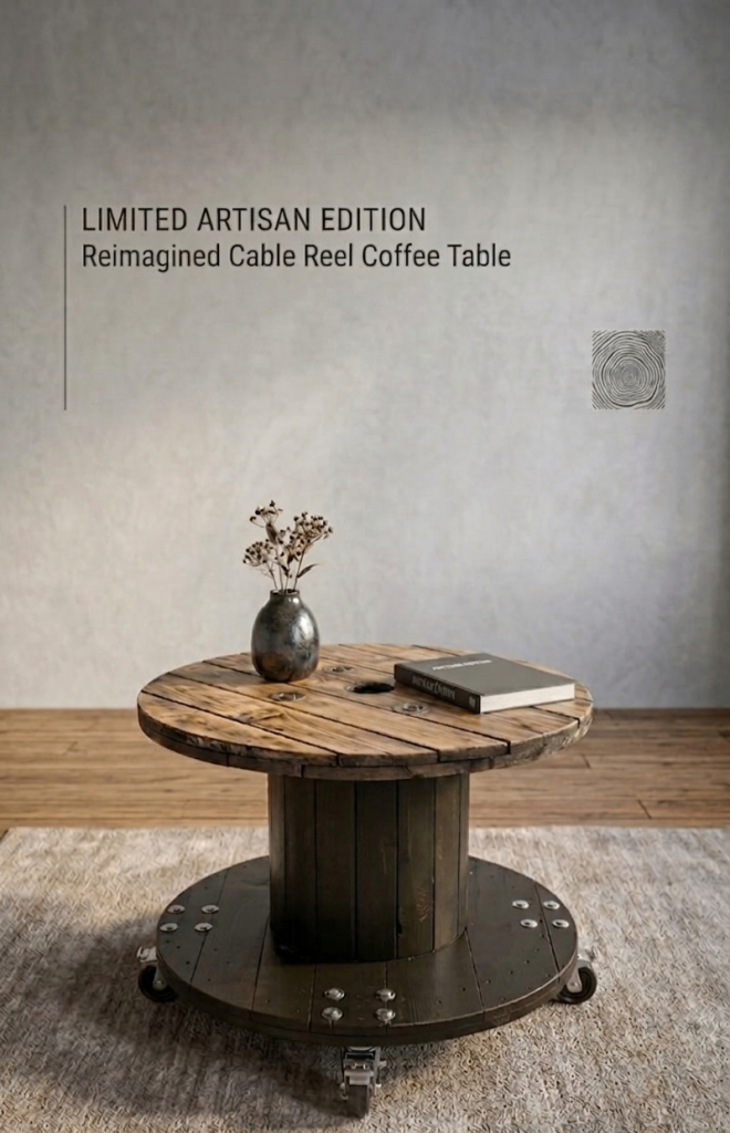 ​Industrial Luxe: Distressed Timber & Pitch Black Coffee Table with Polished Chrome Accents
