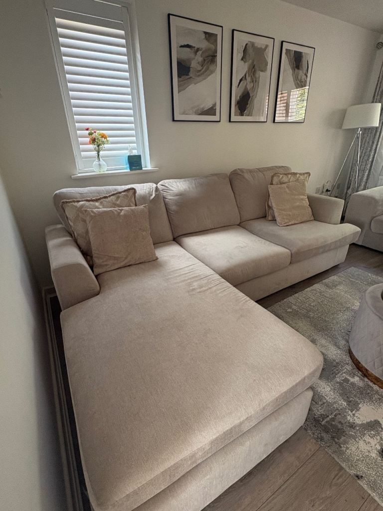 Comfortable Beige Fabric Sofa with Chaise and Armchair – Good Condition