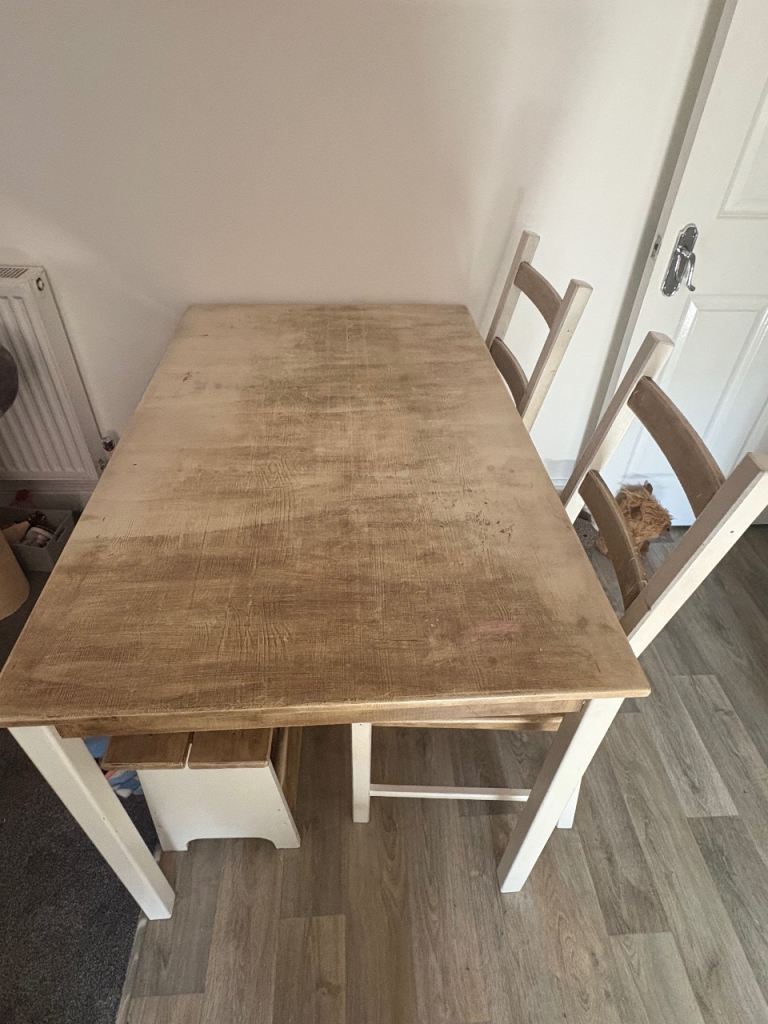 Upcycled dining table, bench with storage and 2 chairs