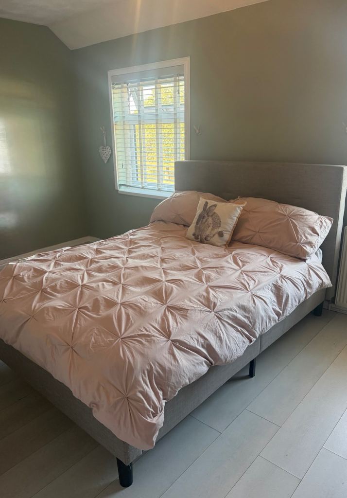 Double Bed with Grey Fabric Headboard – Good Condition