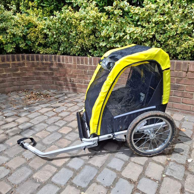 Kids 2-Seater Bike Trailer – High-Visibility Yellow/Black with Weather Cover