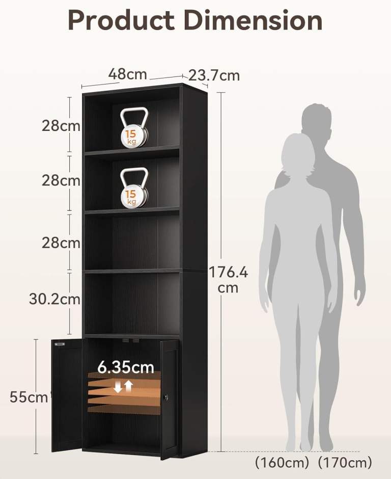 Bookcase - Storage Cabinet & Bookcase – 4 Shelves + 2-Door Cupboard 