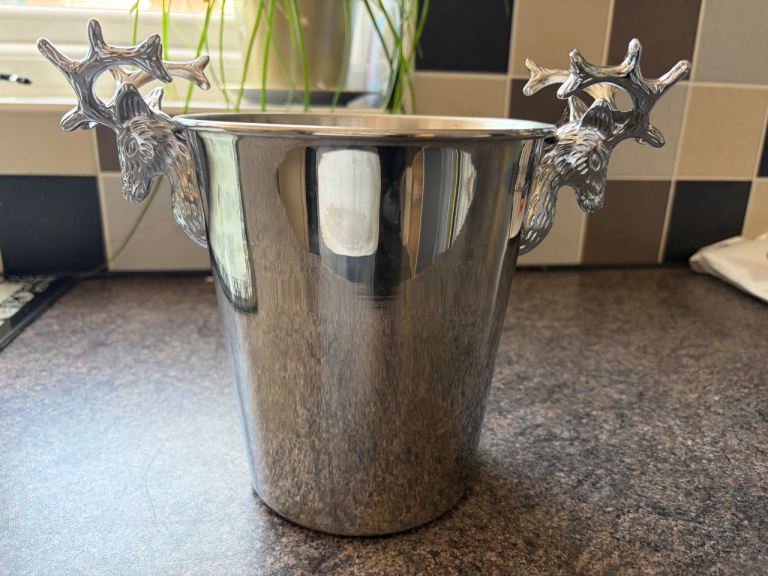 Stag Head Ice Bucket / Wine Cooler - Silver Metal
