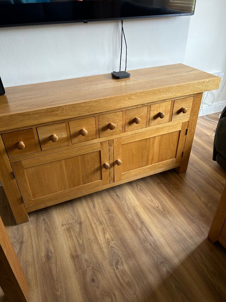 Solid Oak Sideboard, Bookcase, and Dining Table – Good Condition