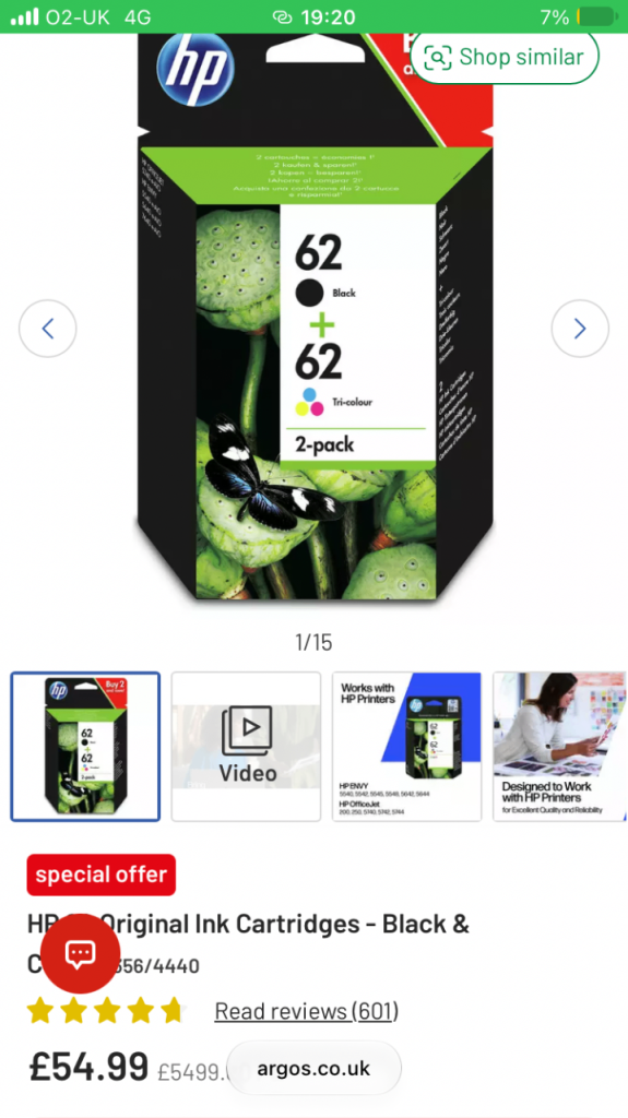HP 62 Original Ink Cartridges - Black & Tri-colour 2-pack