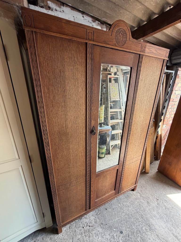 Vintage Carved Oak Wardrobe with Bevelled Mirror