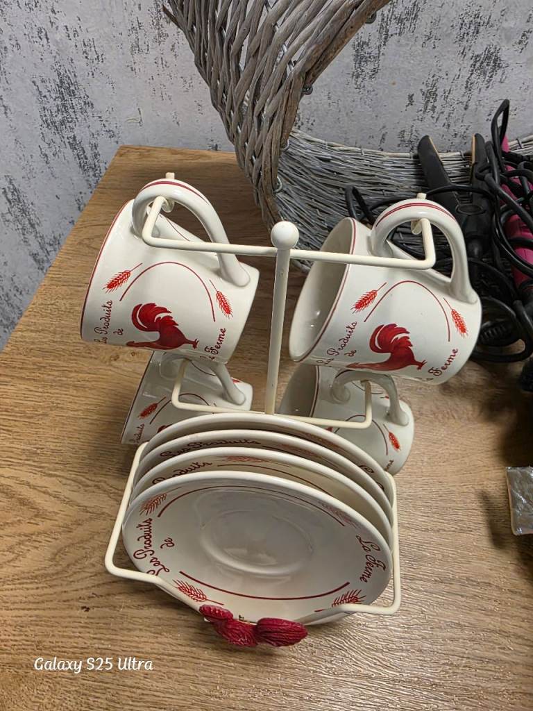 Farmhouse Style Rooster Mugs with Saucers and Stand, £10.00 for Sale