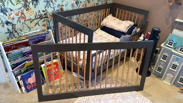 Toddler Bed / Cot Bed - Grey with Wooden Slats, Good Condition